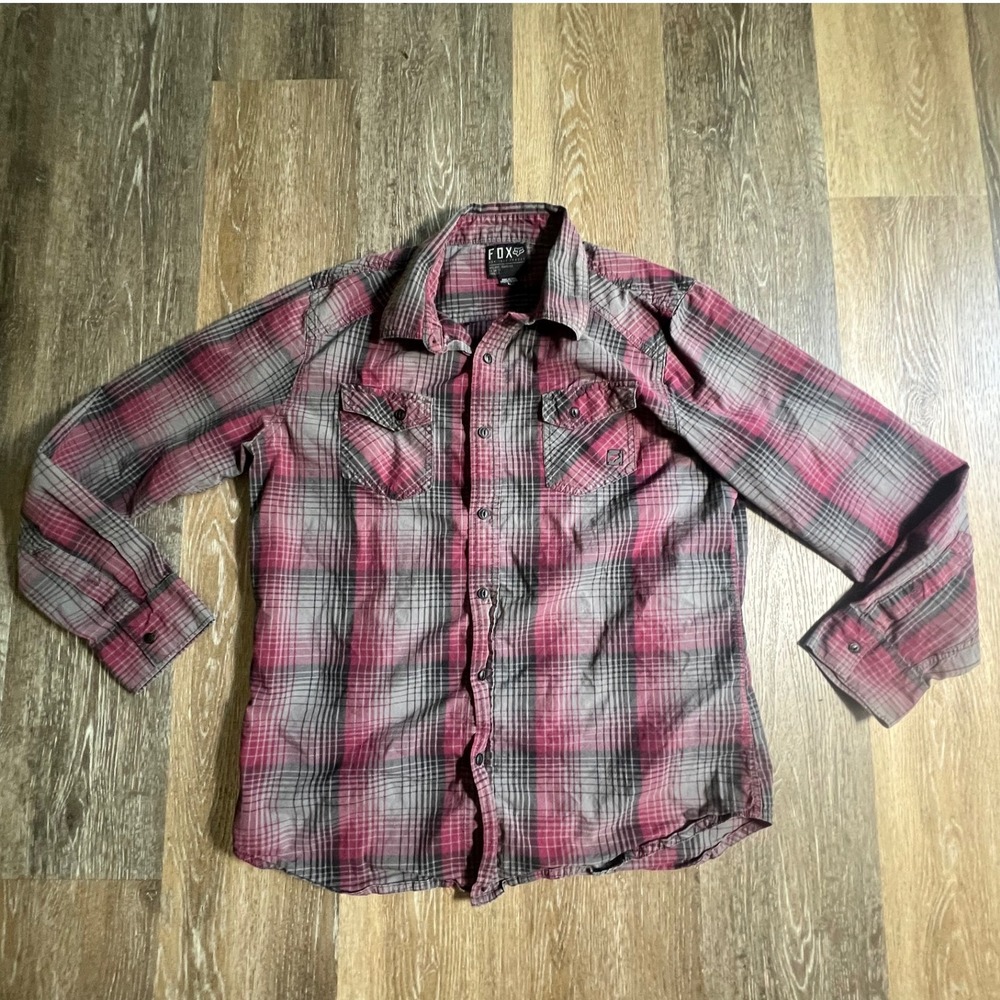 Fox Racing Button Down Shirt Mens Large Red Plaid Long Sleeve Heritage Forged